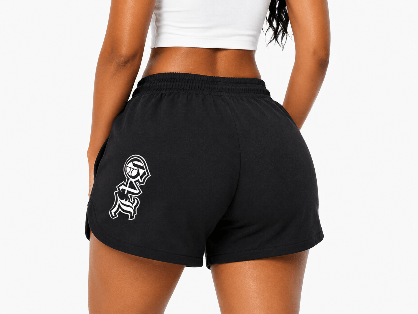 black shorts on a female model on a white background