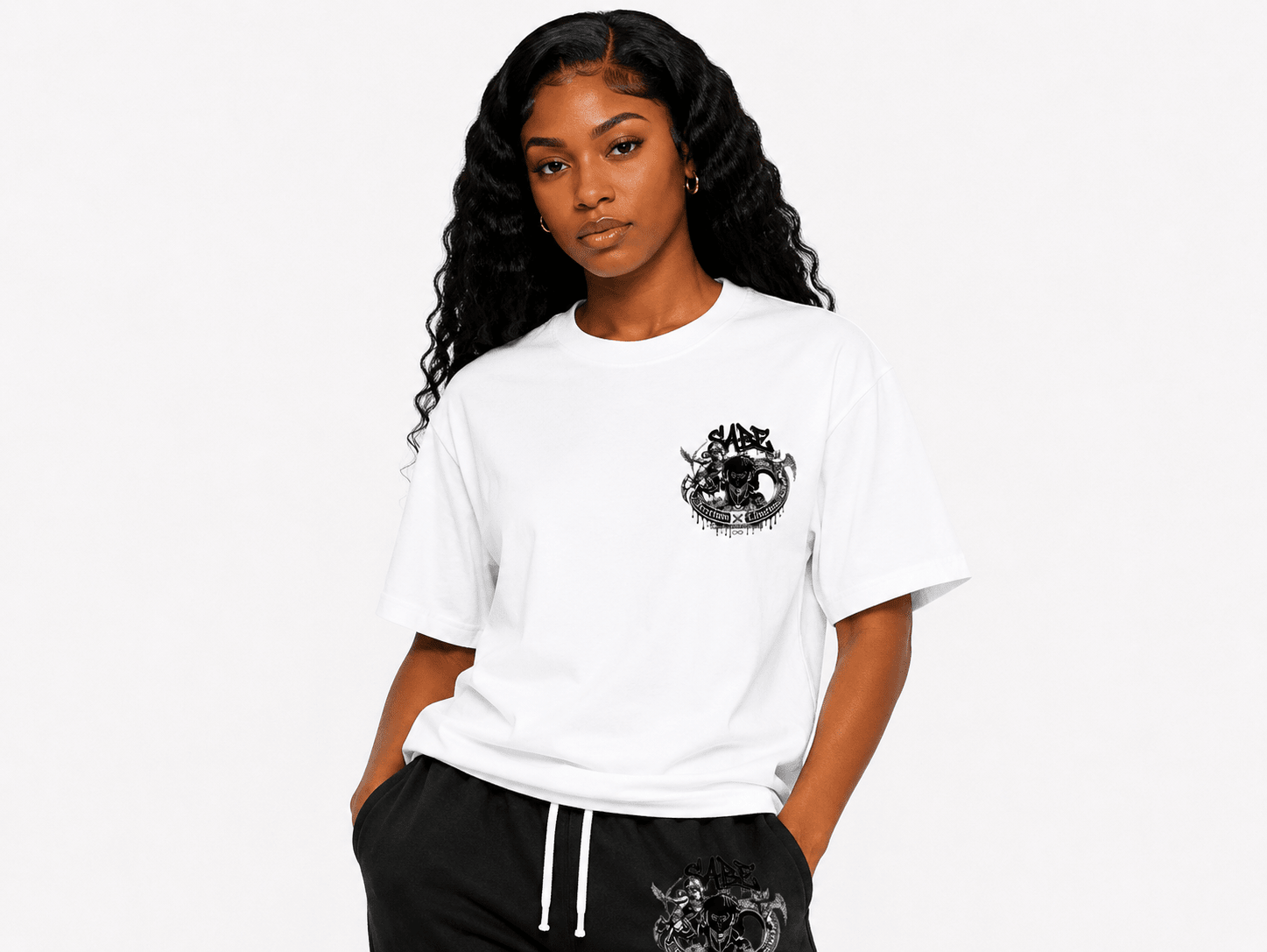 female model in a white t shirt on a white background