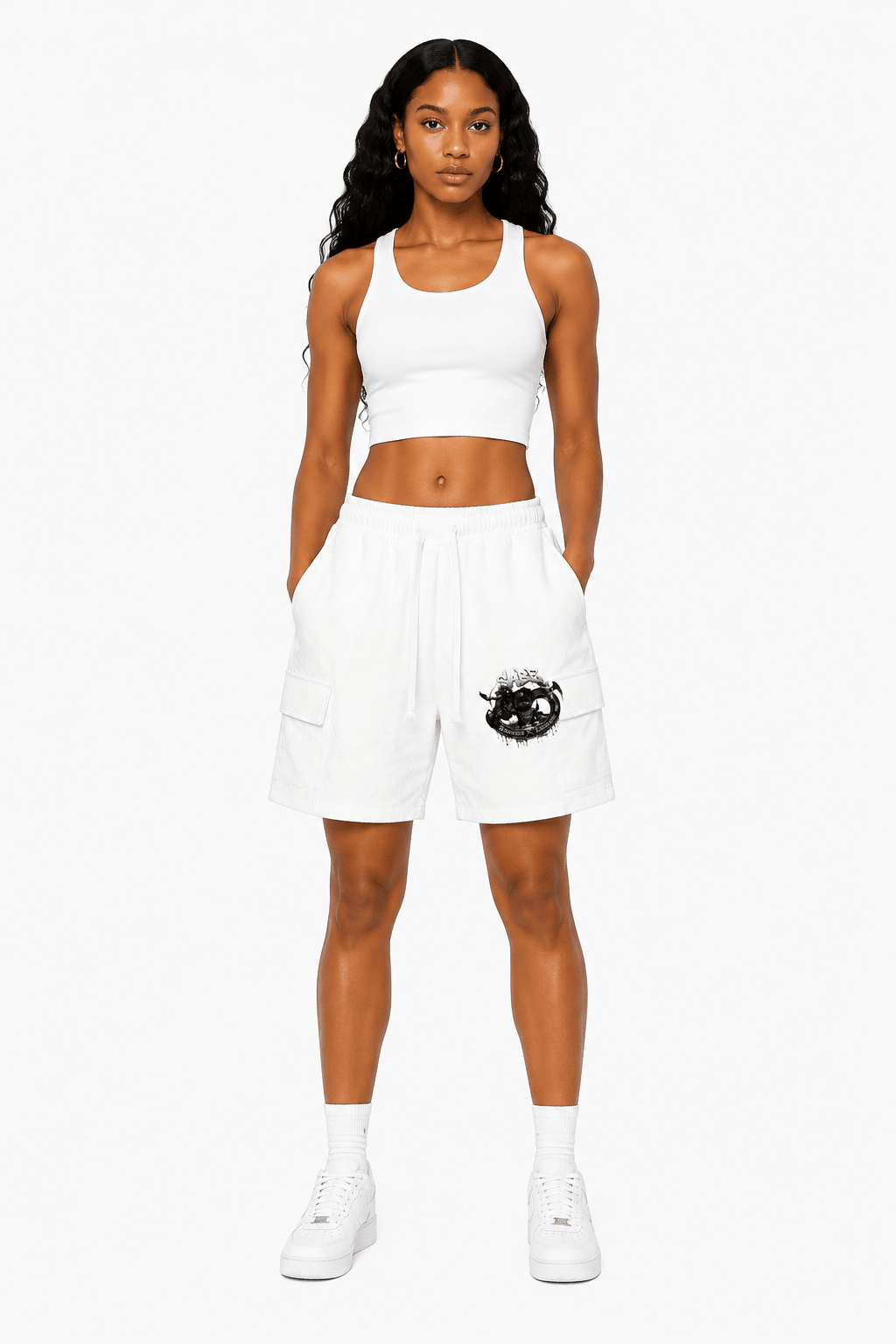 female model in a white outfit on a white background