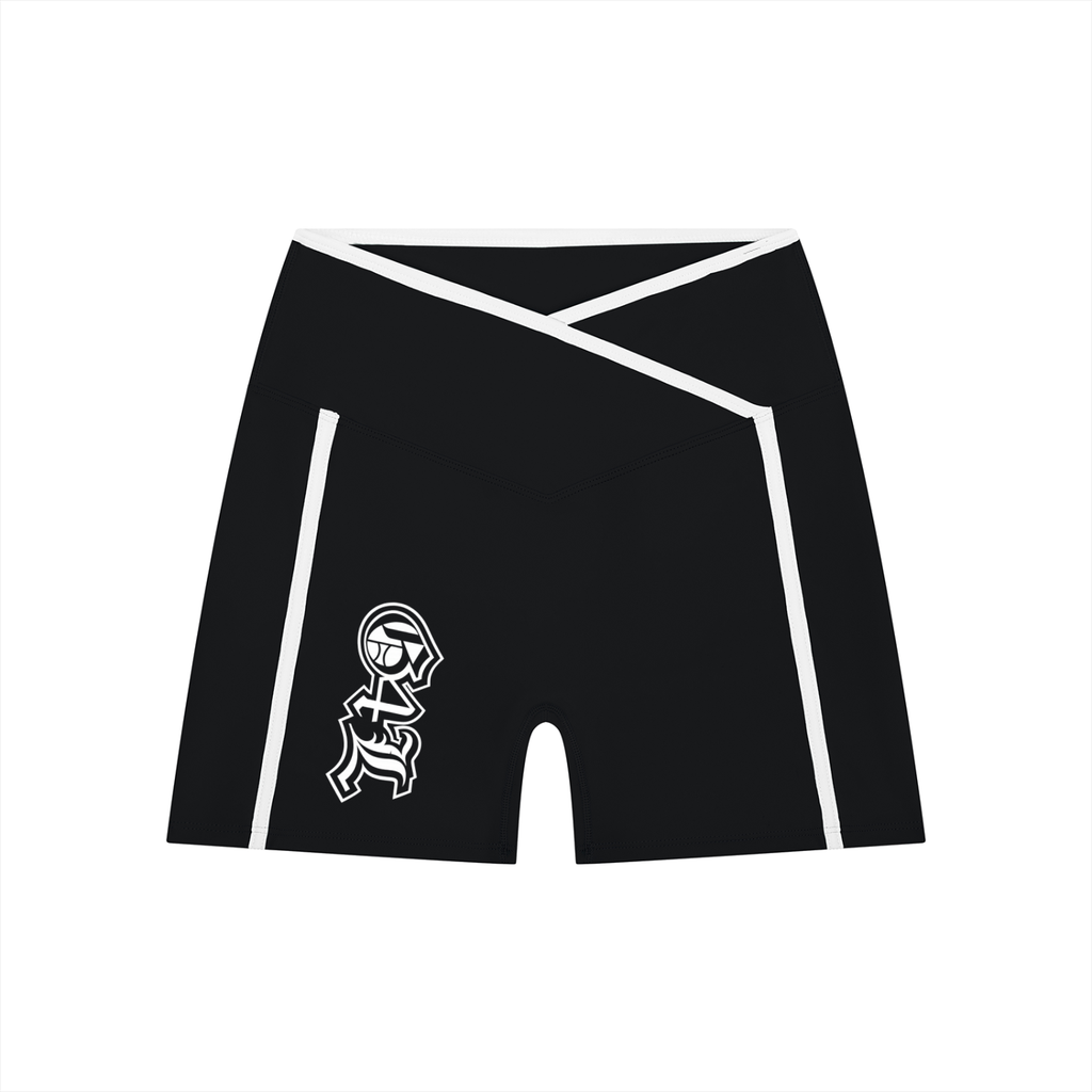 Black athletic shorts with a white logo on a white background