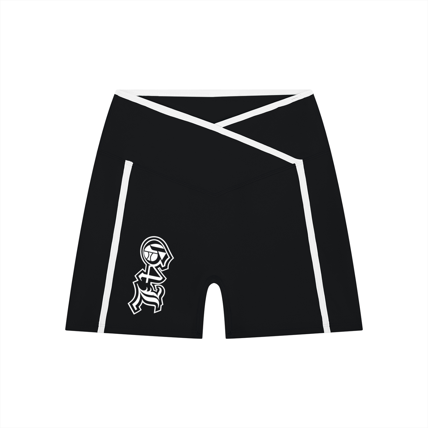 Black athletic shorts with a white logo on a white background