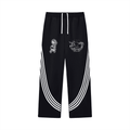 Black track pants with white stripes and logos on a white background