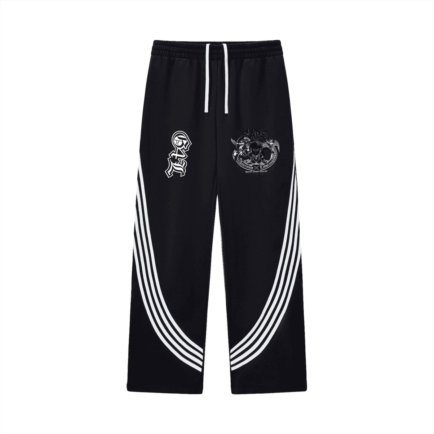 Black track pants with white stripes and logos on a white background