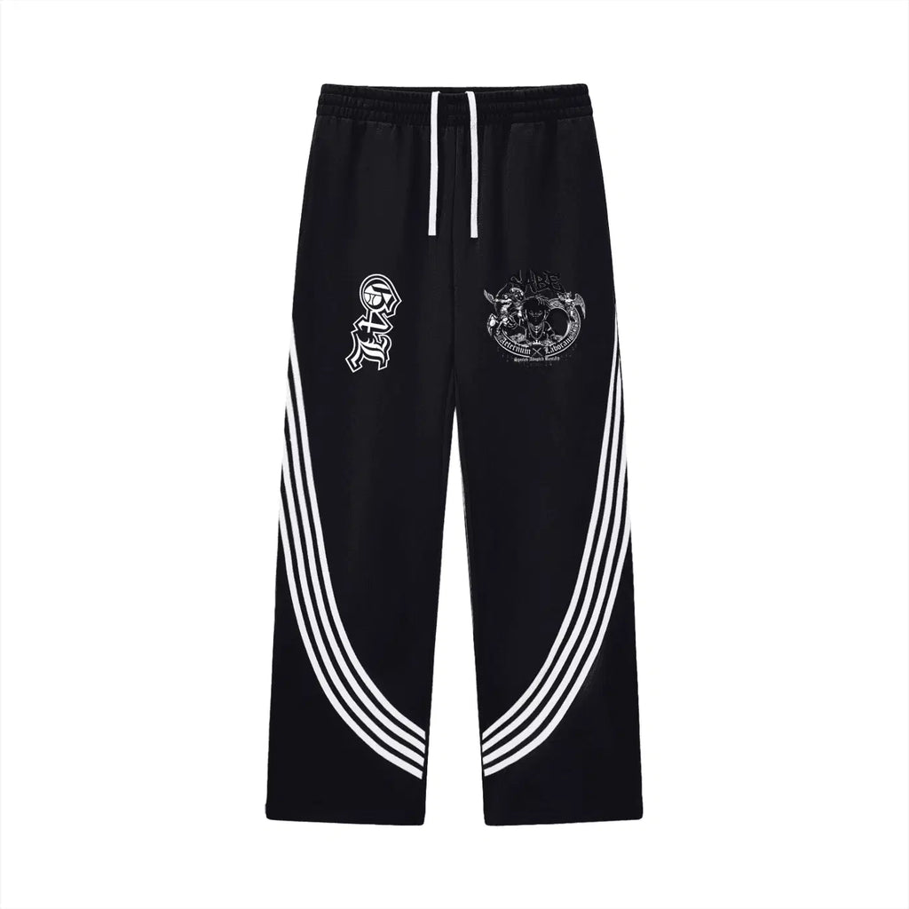 Black track pants with white stripes and logos on a white background