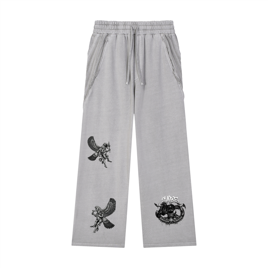 Gray sweatpants with black embroidered designs on a white background