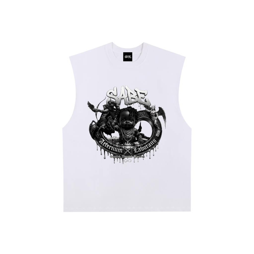 White sleeveless shirt with black graphic design on a white background
