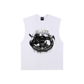 White sleeveless shirt with black graphic design on a white background