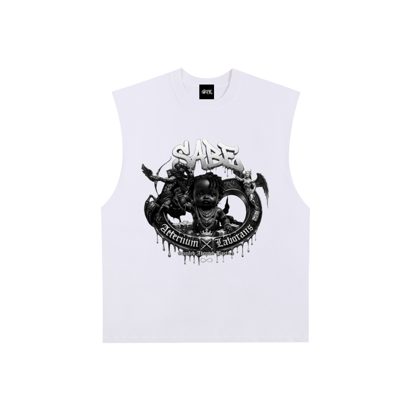 White sleeveless shirt with black graphic design on a white background