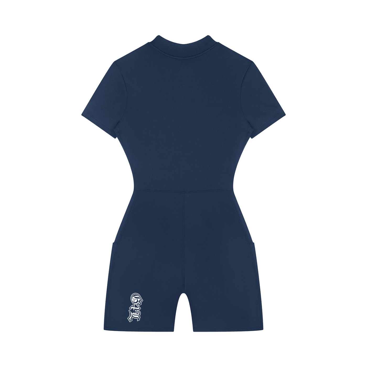 Navy blue wetsuit with a small white logo on a white background