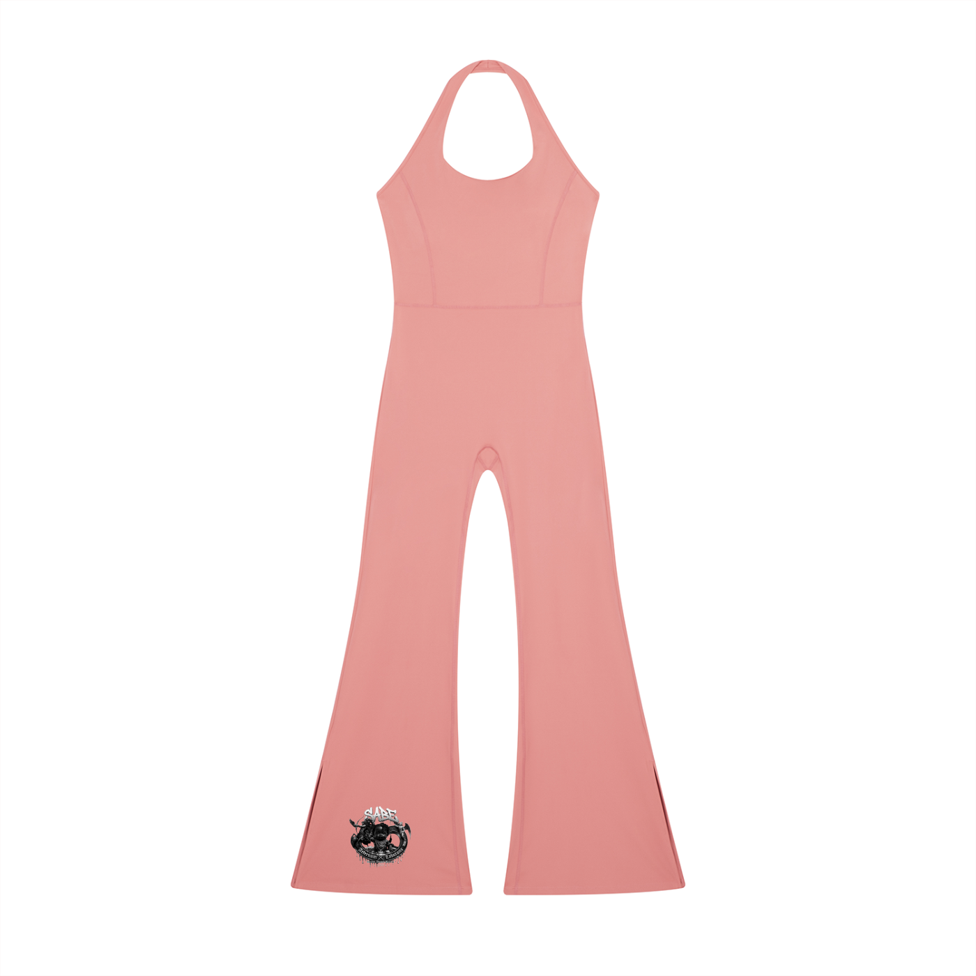 Pink jumpsuit with a halter neck and flared legs on a white background