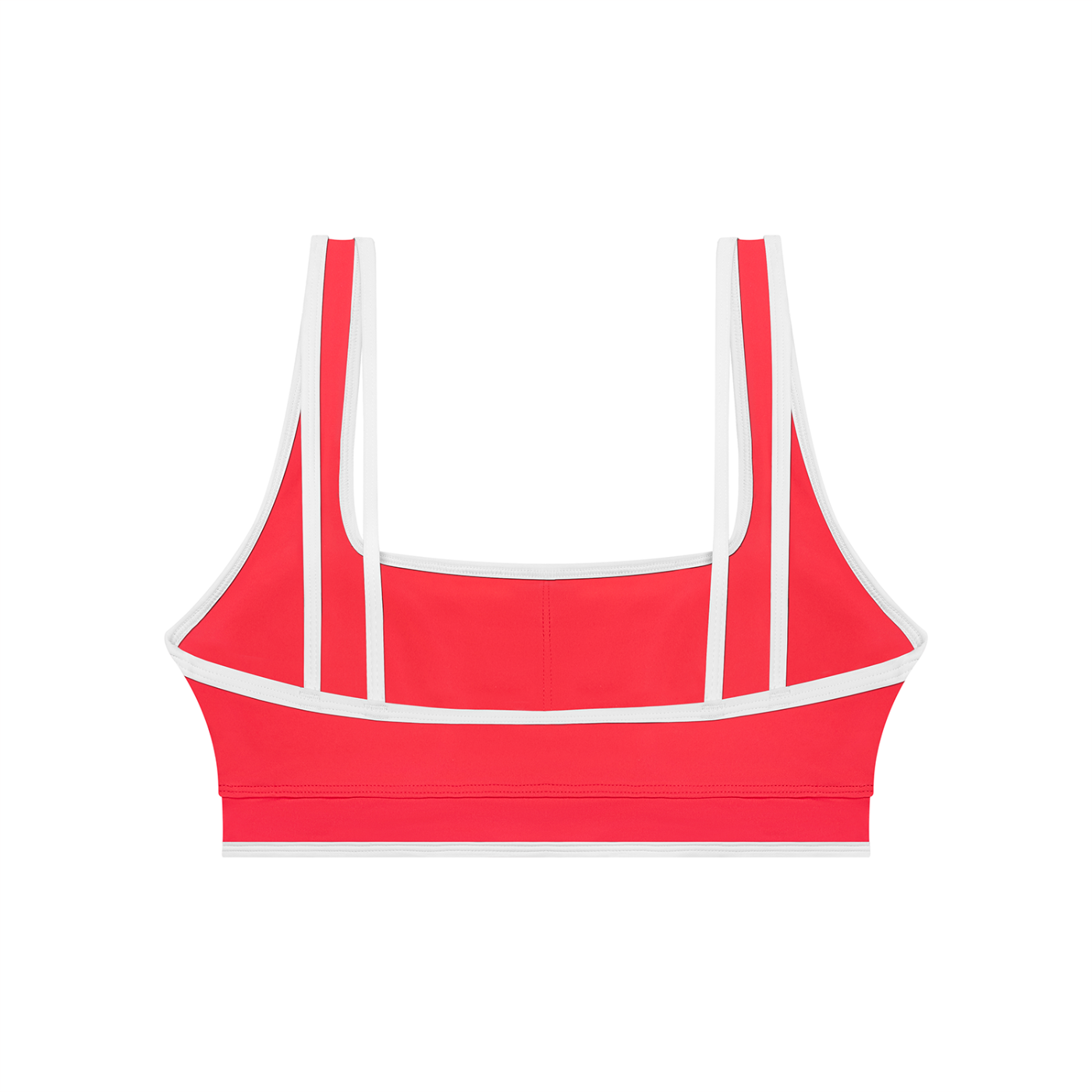 Red sports bra with white straps on a white background