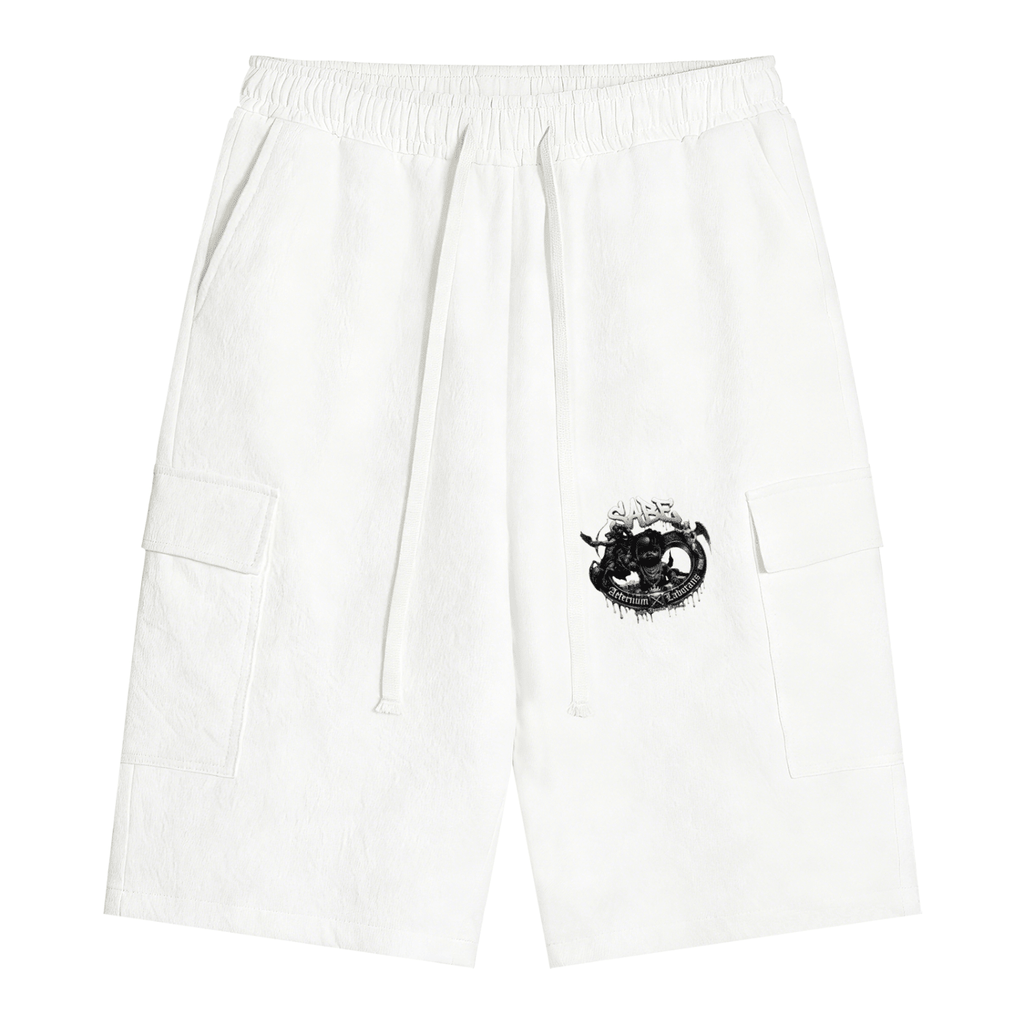 White pants with a black graphic design on a white background