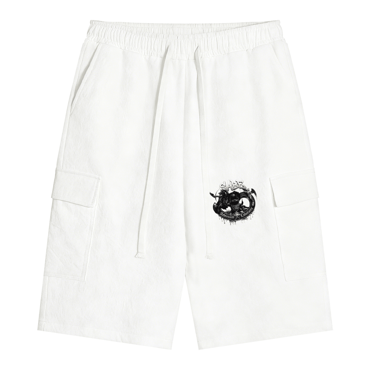 White pants with a black graphic design on a white background