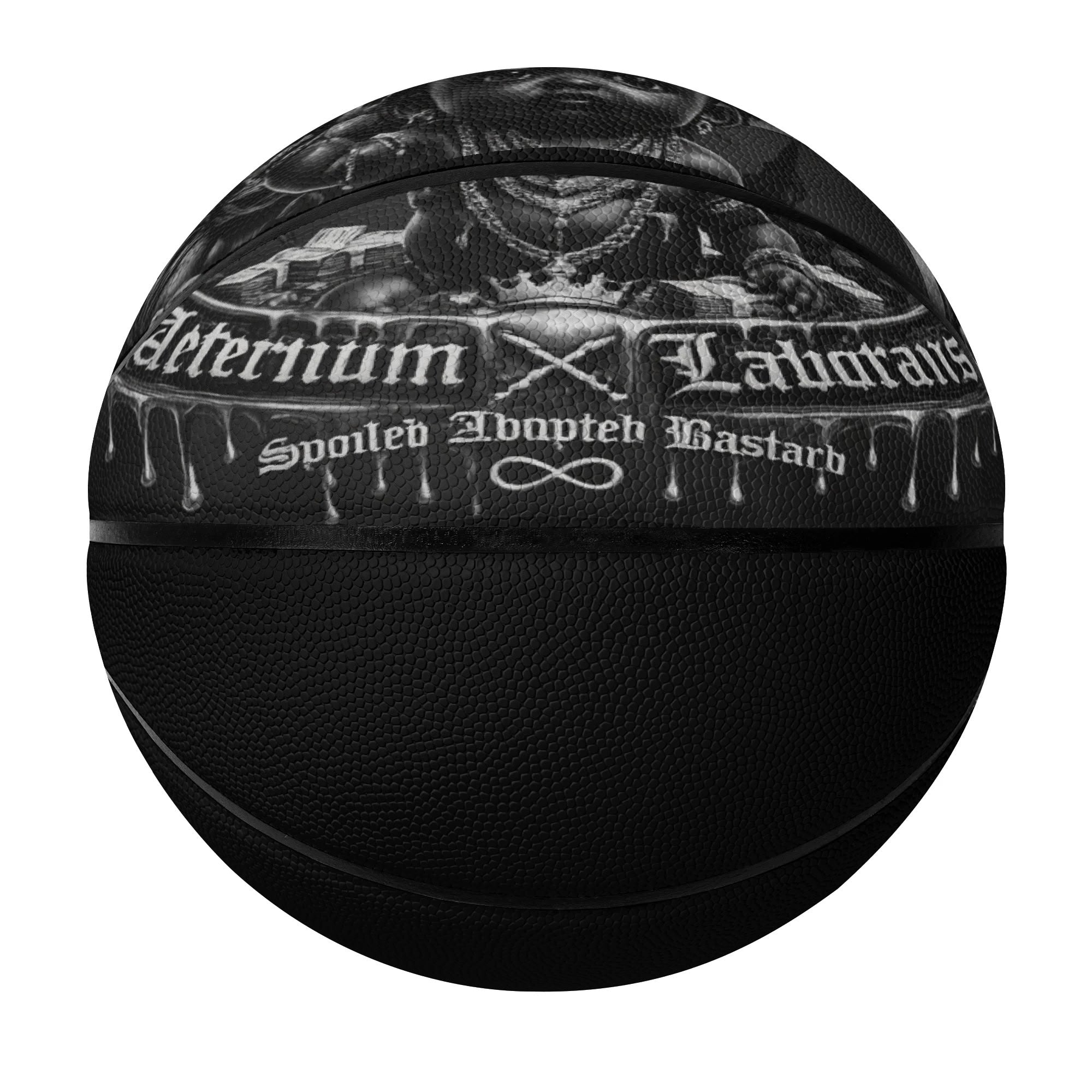 Black basketball with intricate designs and text on a white background