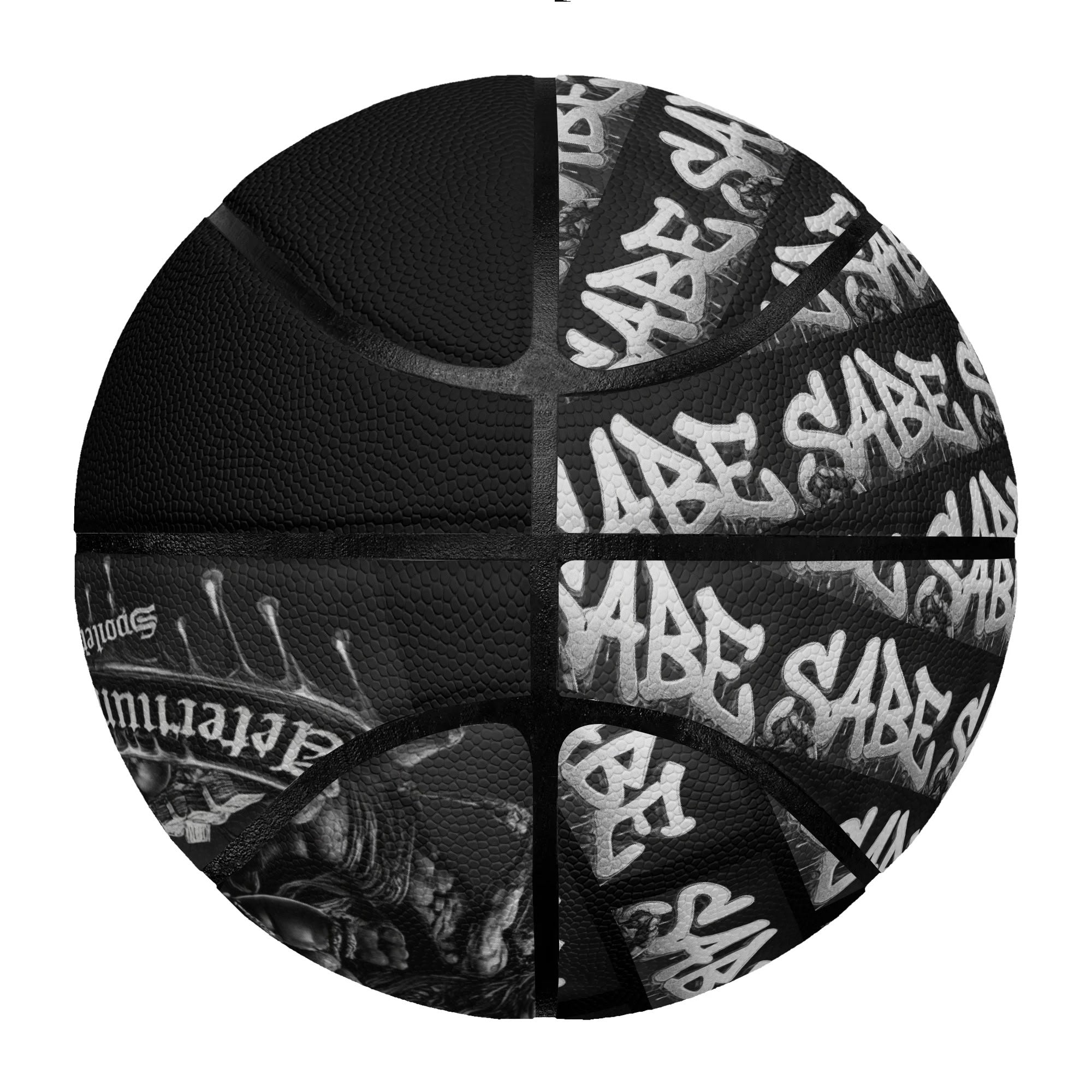 Black and white basketball with 'SABE' branding on a white background