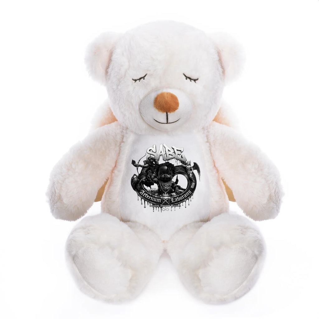 White teddy bear with a black logo on a white background