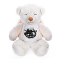 White teddy bear with a black logo on a white background