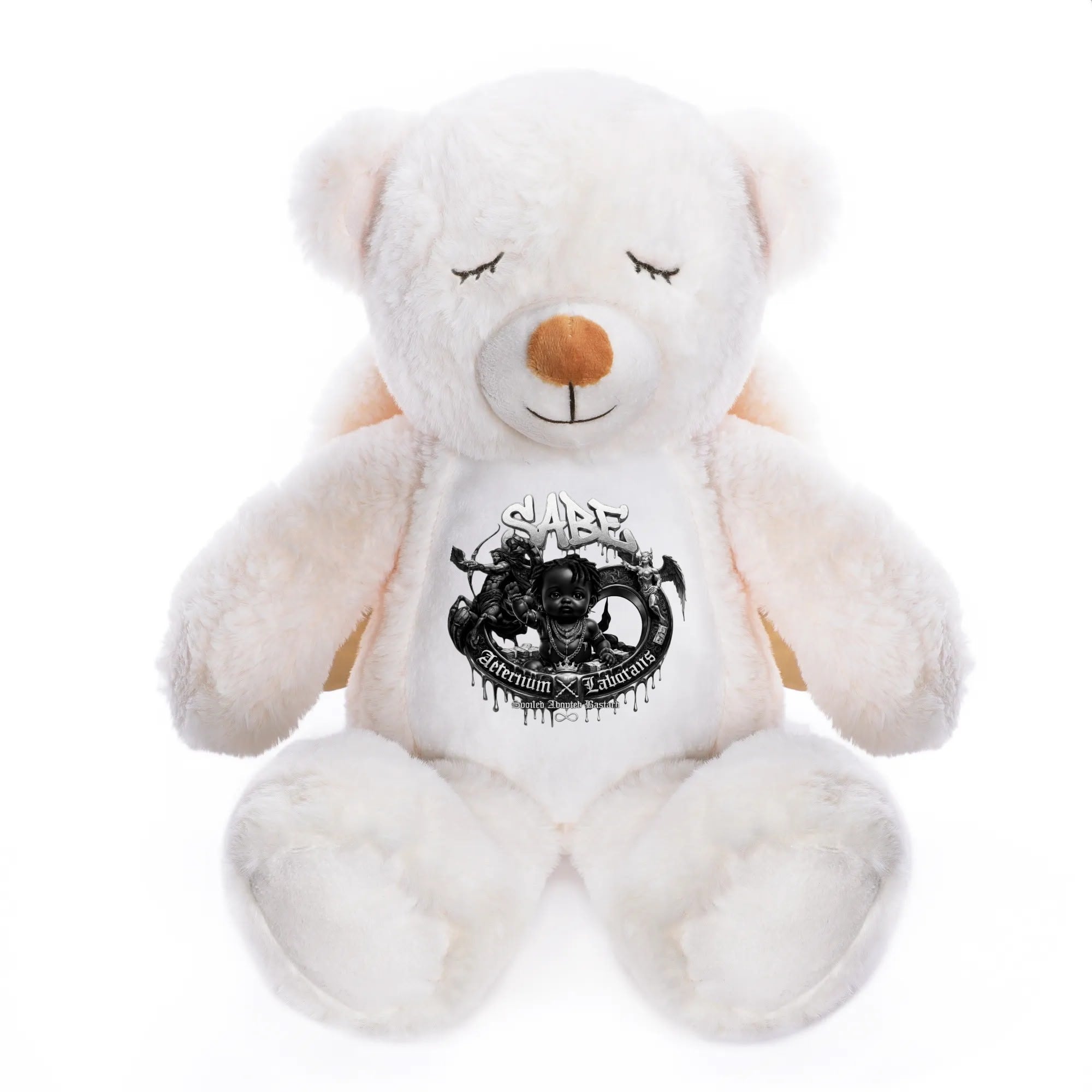 White teddy bear with a black logo on a white background