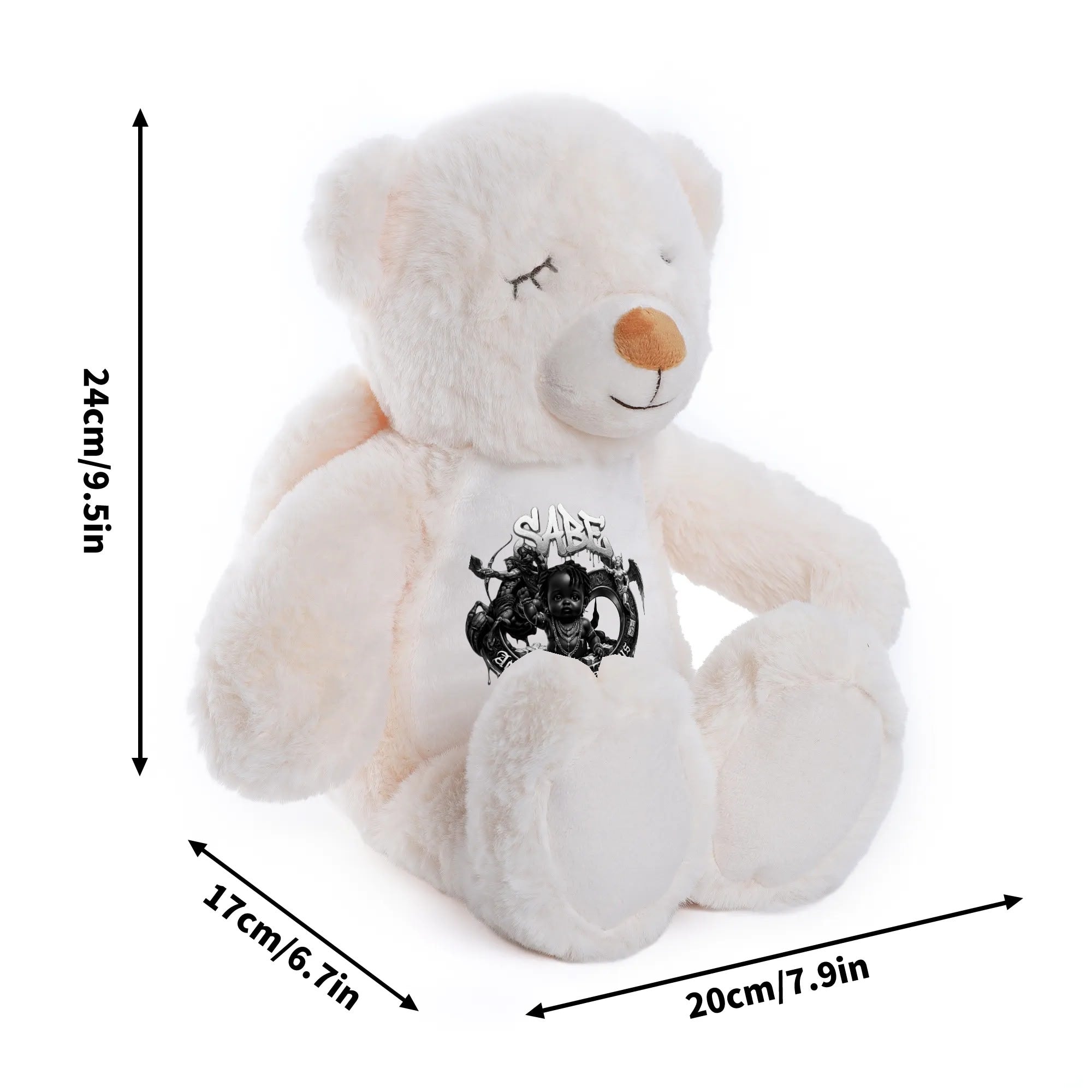White teddy bear with a black design on its chest, shown with dimensions on a white background.