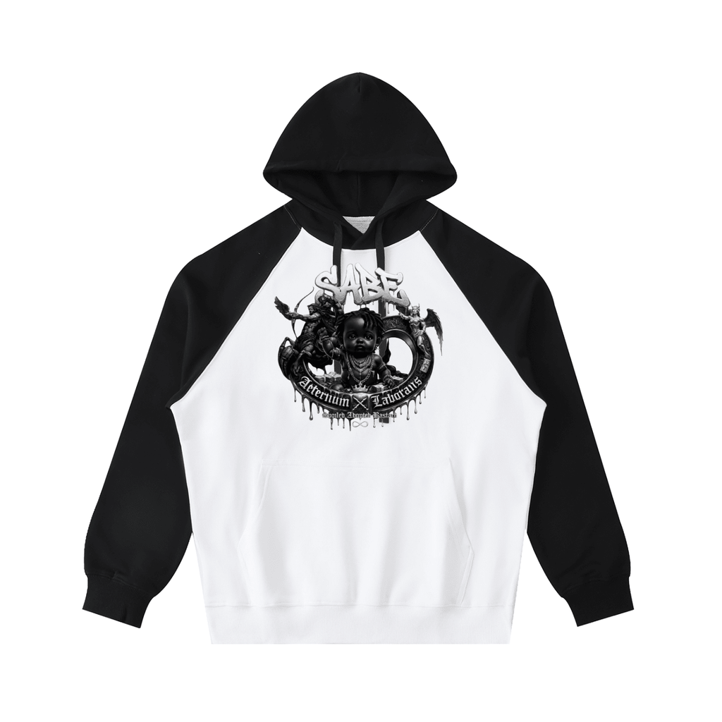 Black and white hoodie with graphic design on a white background