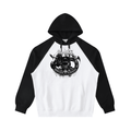 Black and white hoodie with graphic design on a white background