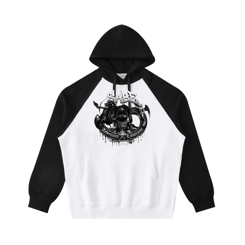 Black and white hoodie with graphic design on a white background