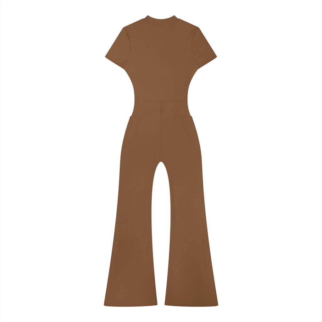 Brown Tight Flared Leg Quarter-Zip Jumpsuit