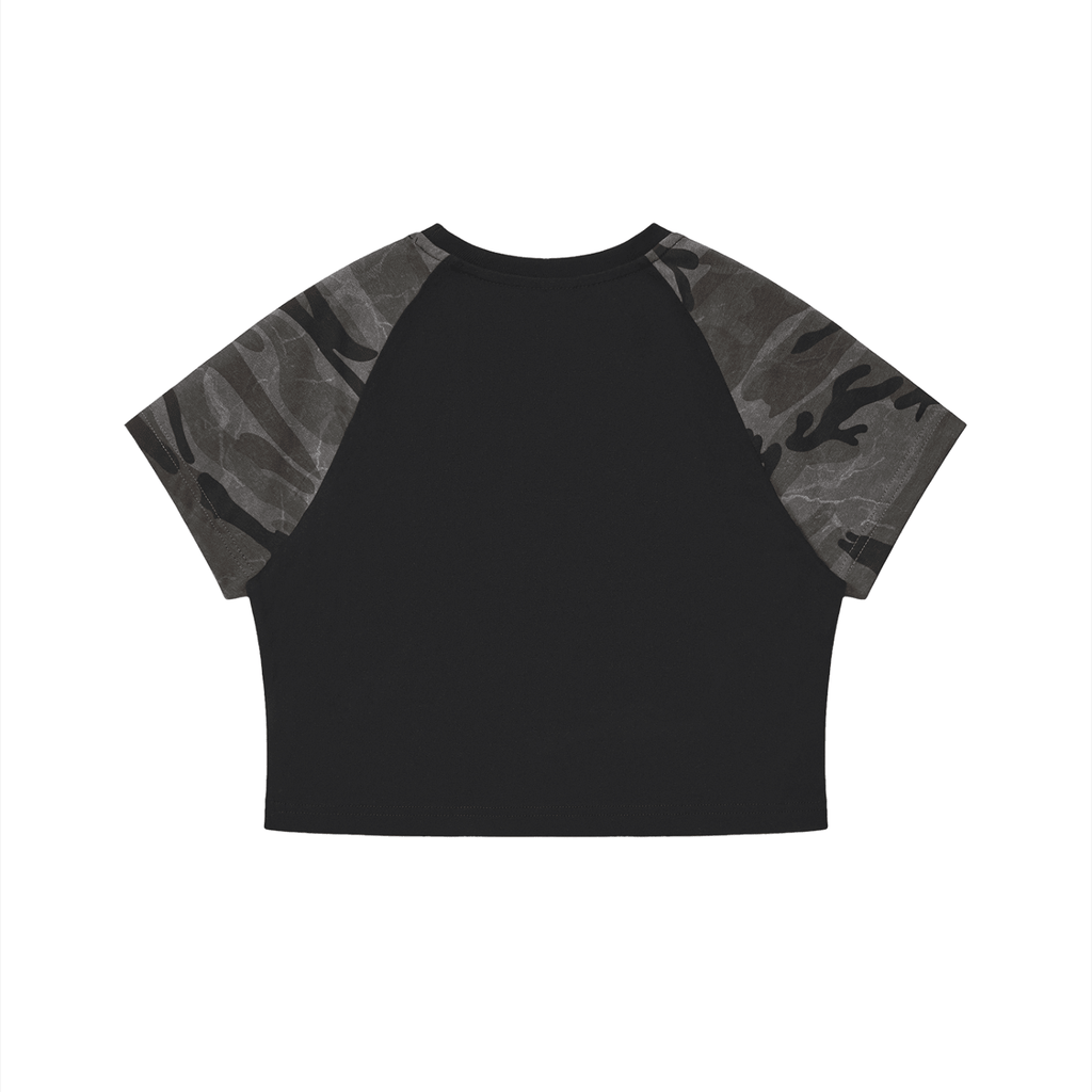 Black crop top with camouflage sleeves on a white background