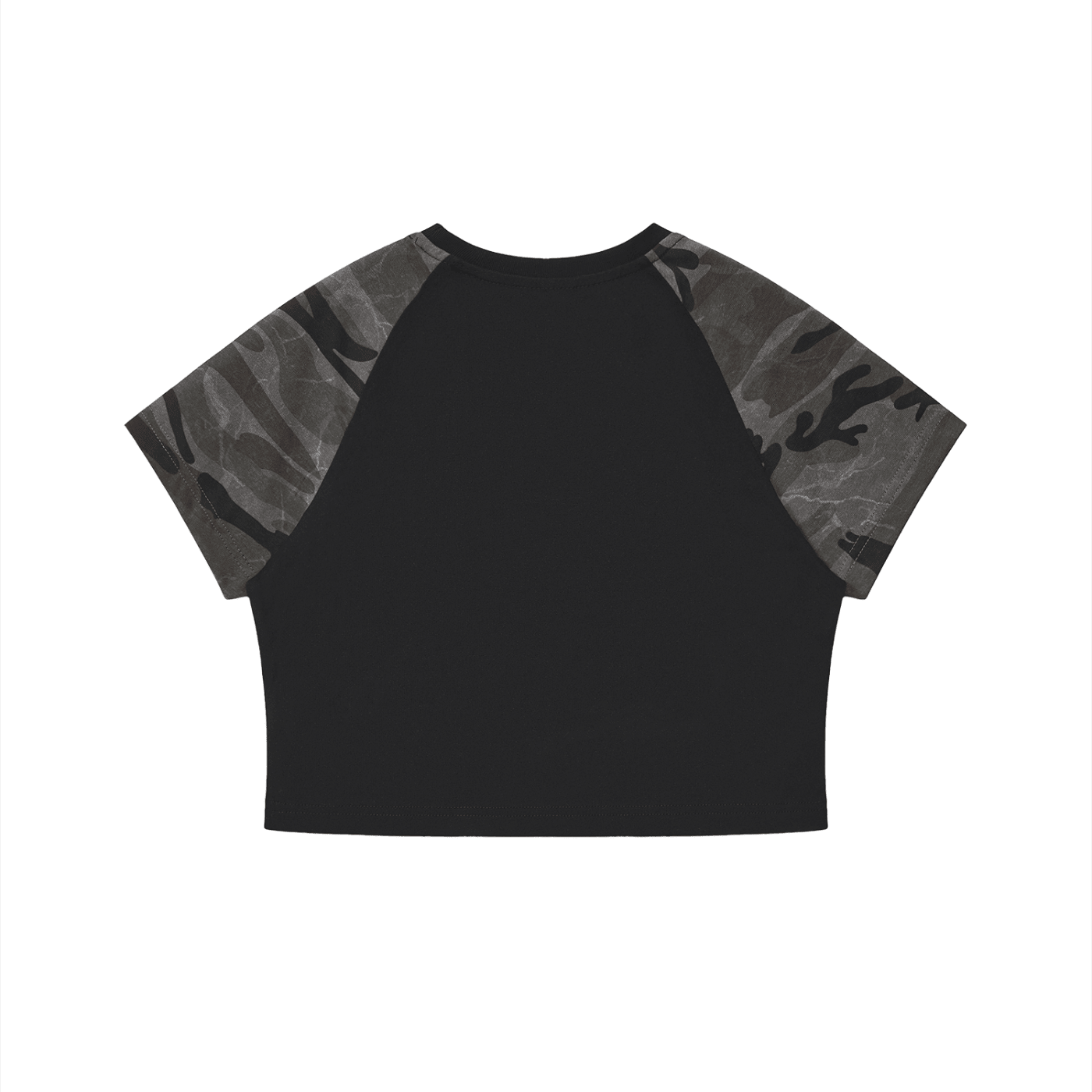Black crop top with camouflage sleeves on a white background
