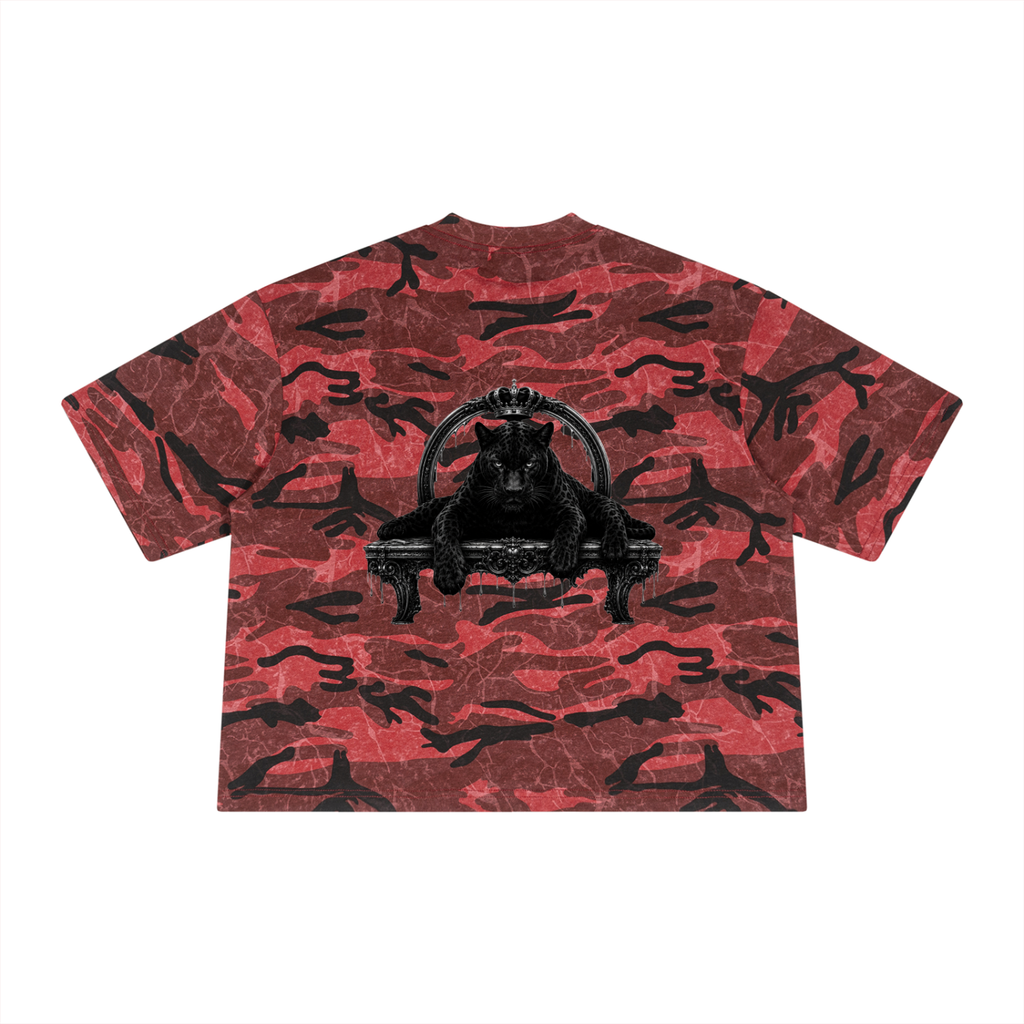 Red camouflage t-shirt with black graphic design on a white background
