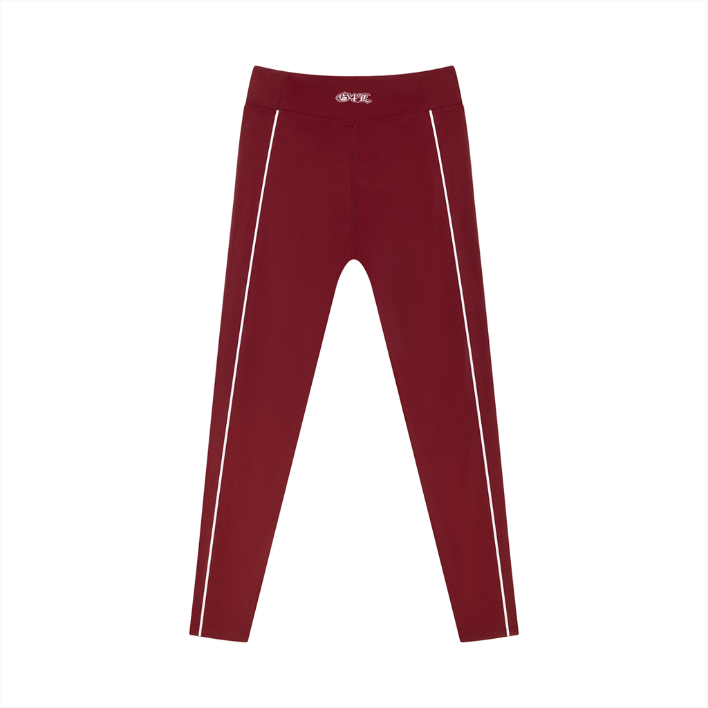 Maroon leggings with white stripes on a white background