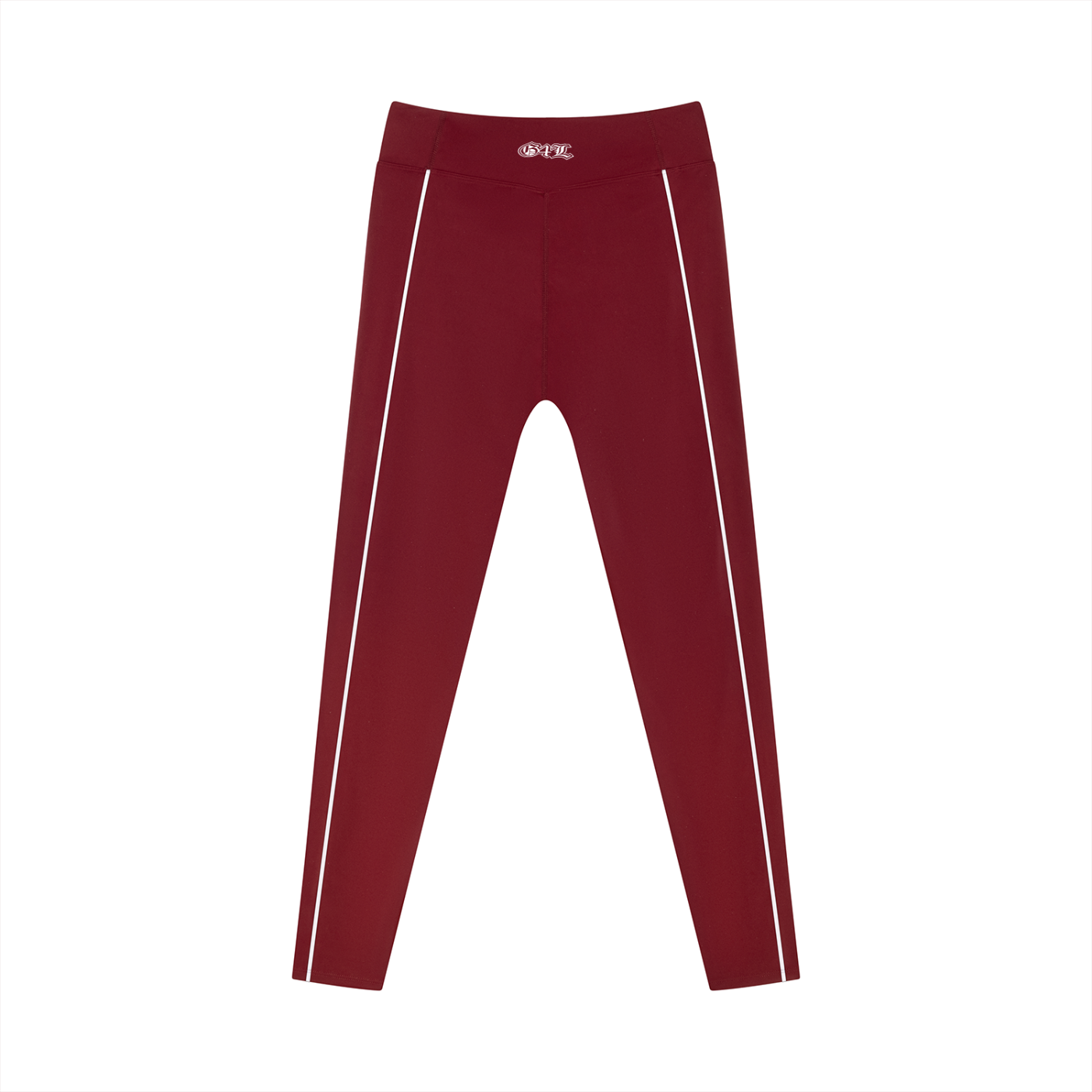 Maroon leggings with white stripes on a white background