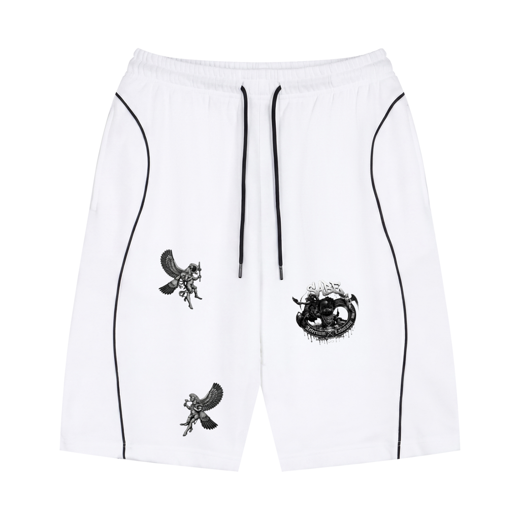White shorts with black designs on a white background