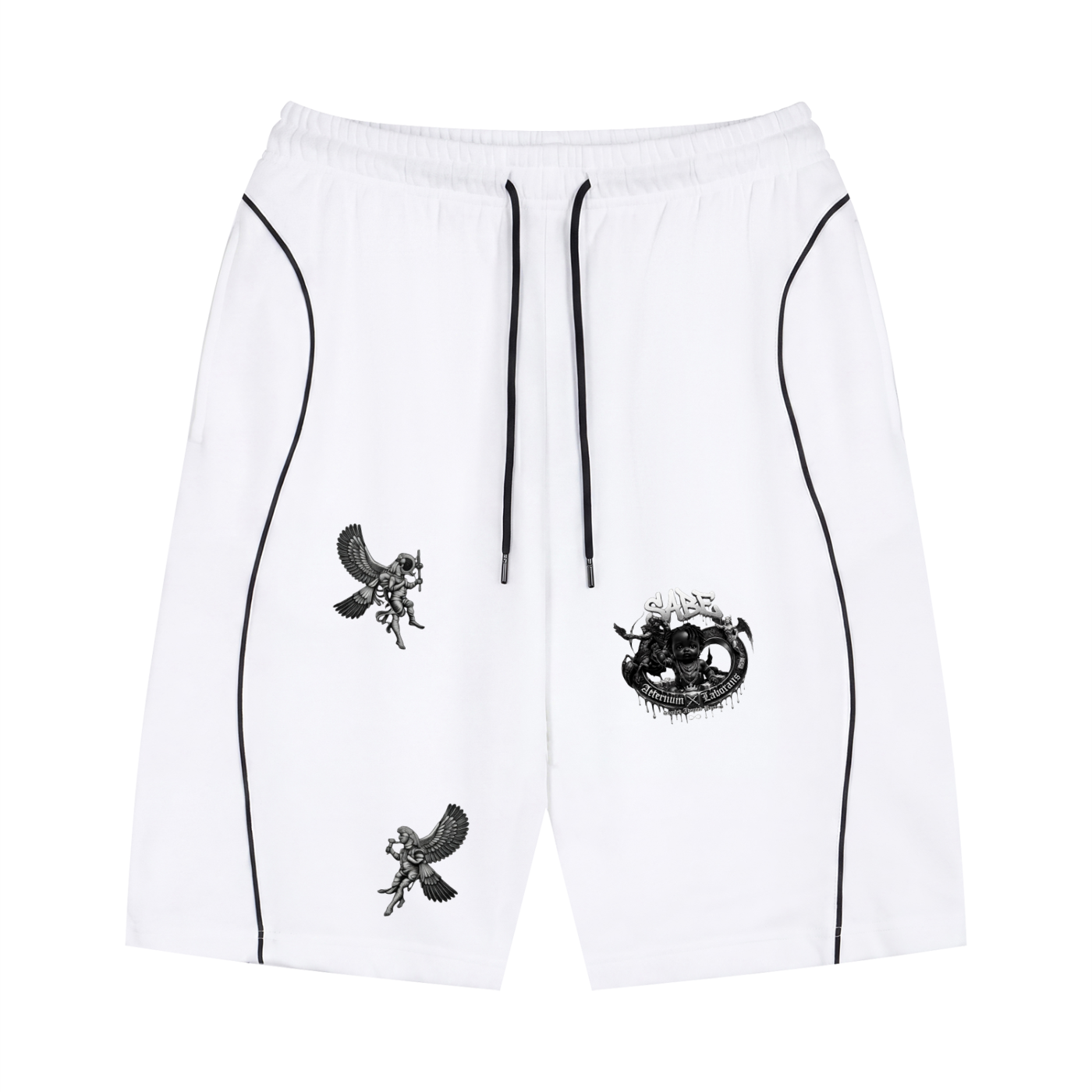 White shorts with black designs on a white background