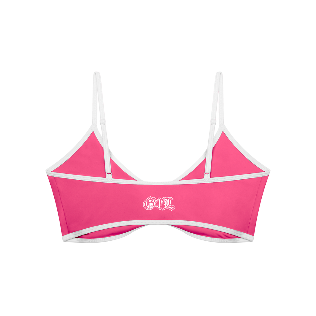 Pink bikini top with white straps on a white background