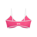Pink bikini top with white straps on a white background