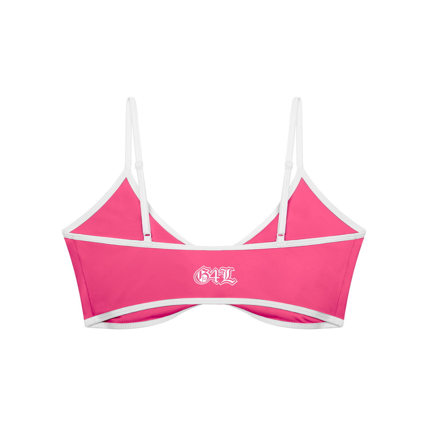 Pink bikini top with white straps on a white background