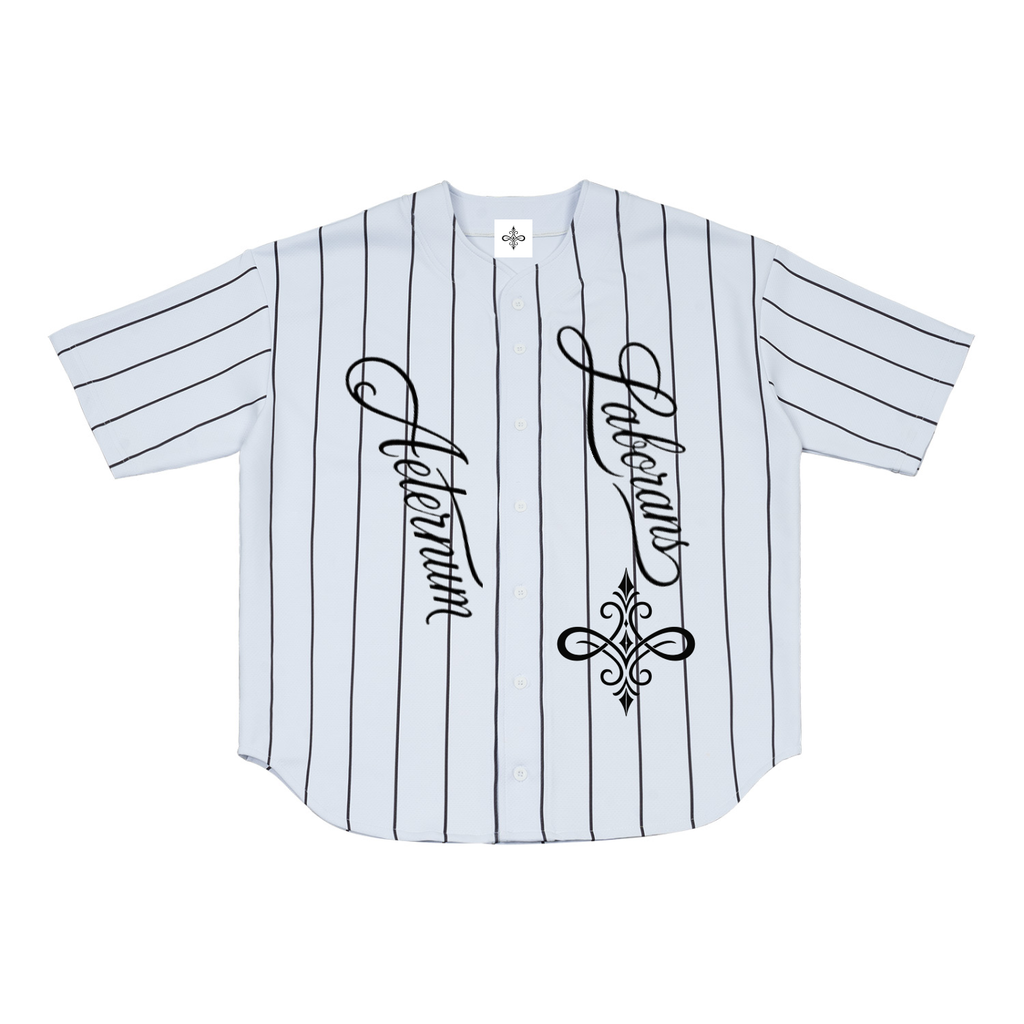 A white short-sleeve baseball-style jersey with thin black vertical pinstripes and black script text reading 'Adventure' and 'Discovery' on the front, shown flat against a white background.