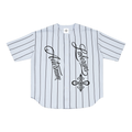 A white short-sleeve baseball-style jersey with thin black vertical pinstripes and black script text reading 'Adventure' and 'Discovery' on the front, shown flat against a white background.