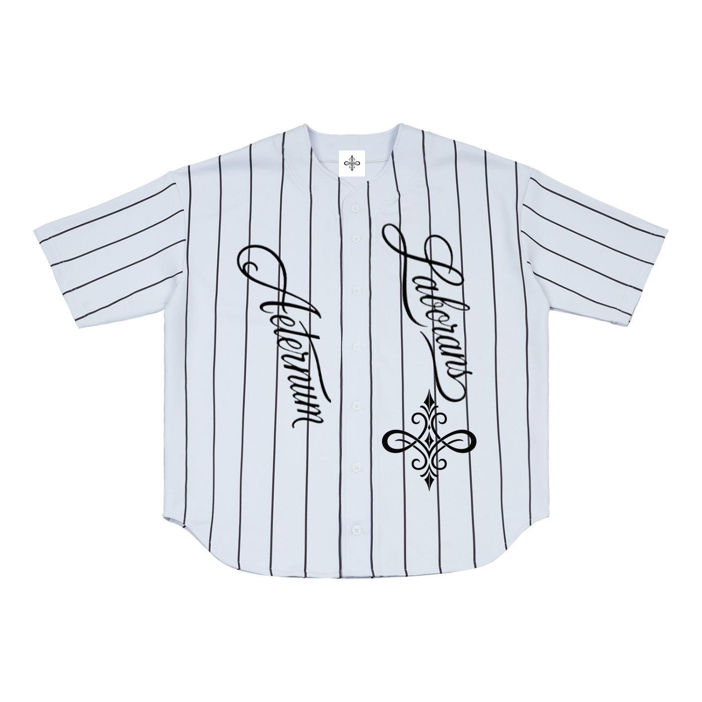 A white short-sleeve baseball-style jersey with thin black vertical pinstripes and black script text reading 'Adventure' and 'Discovery' on the front, shown flat against a white background.