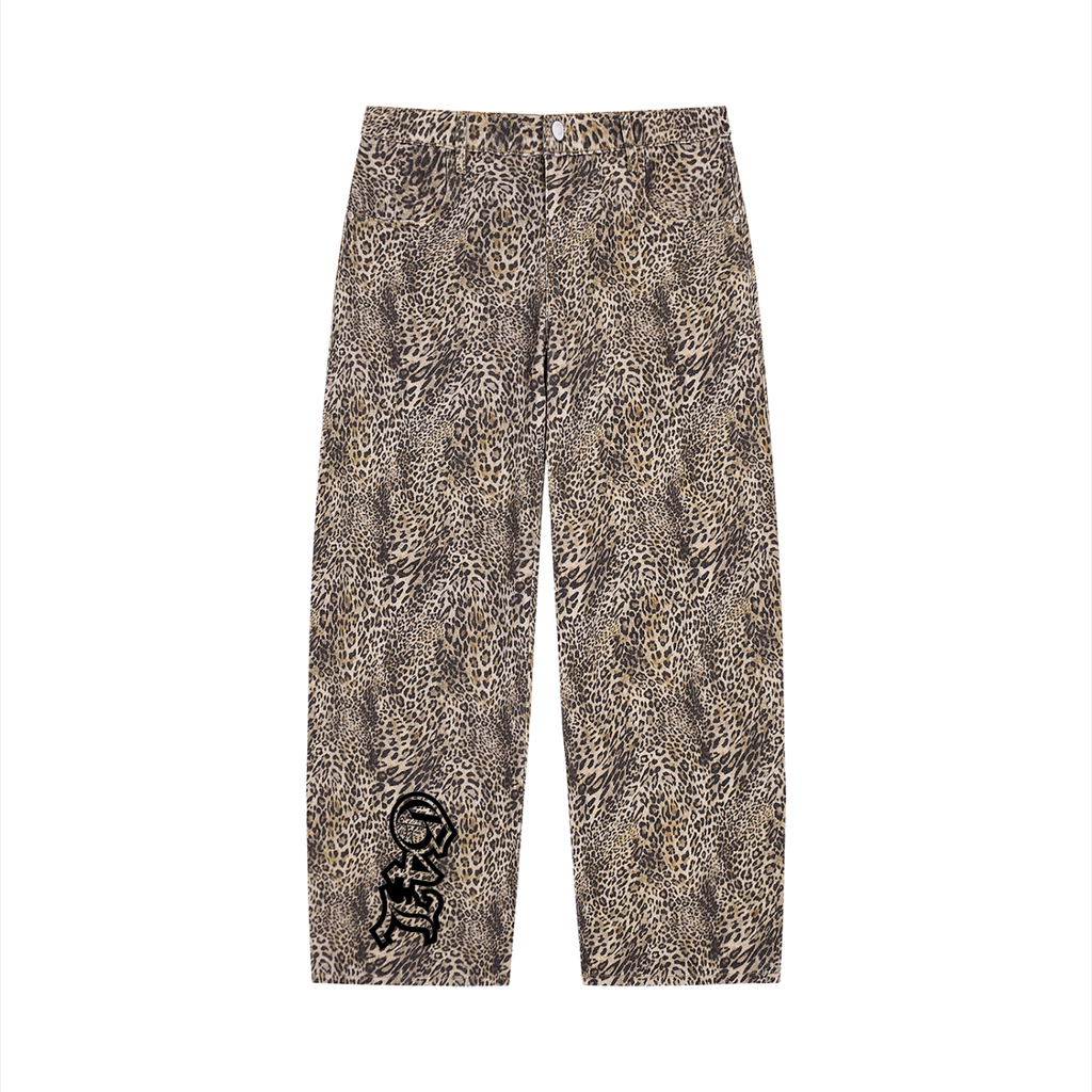Leopard print pants with a brand logo on a white background