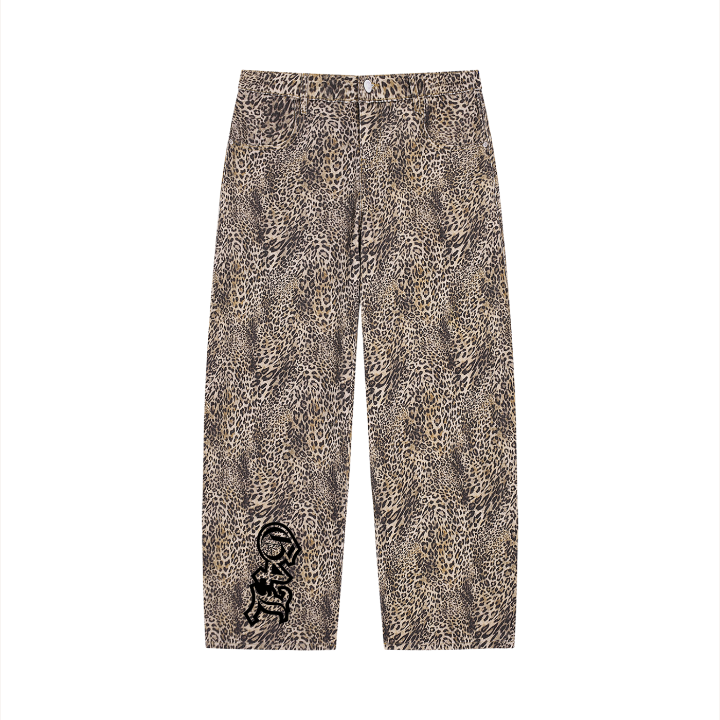 Leopard print pants with a brand logo on a white background