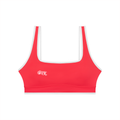 Red sports bra with white straps on a white background