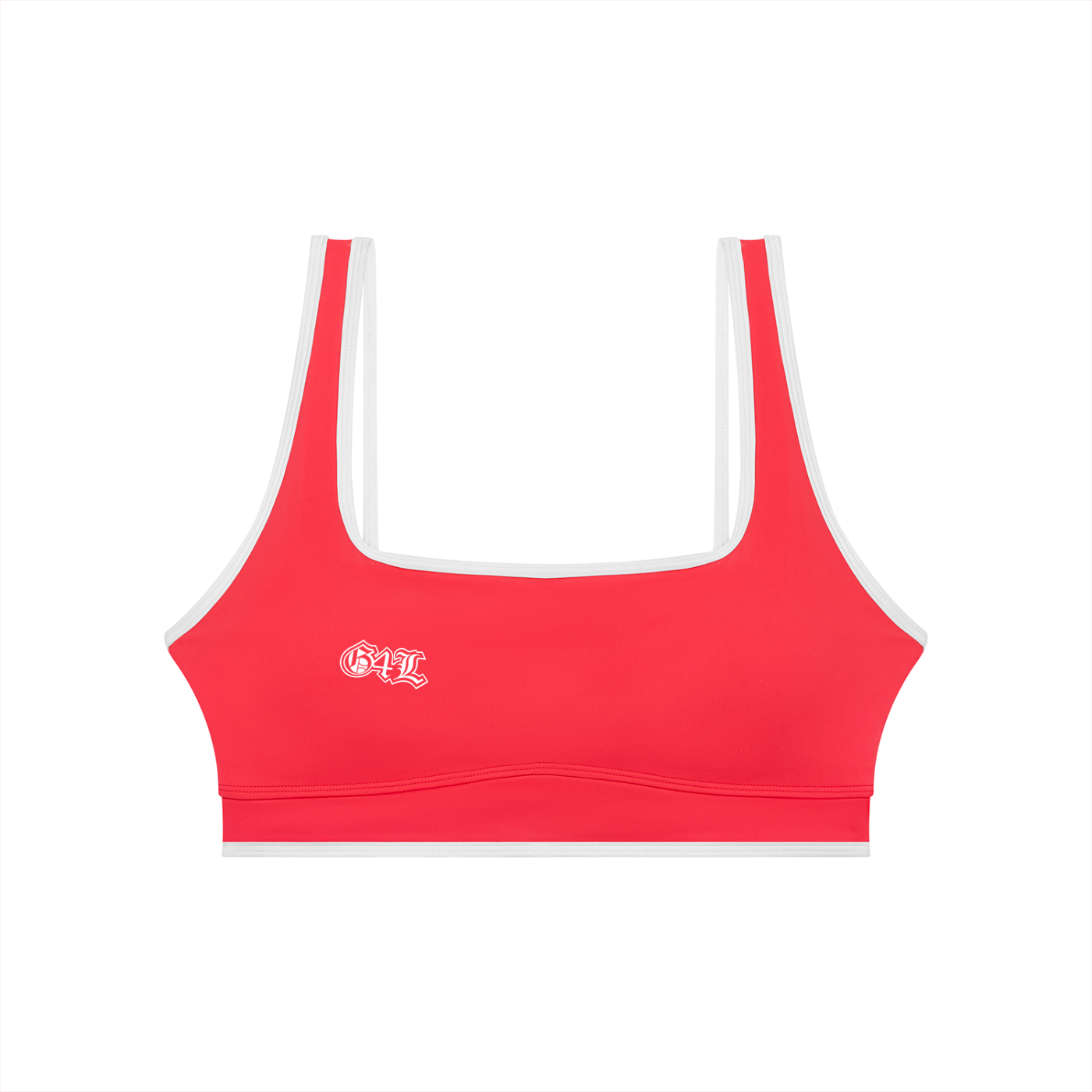 Red sports bra with white straps on a white background
