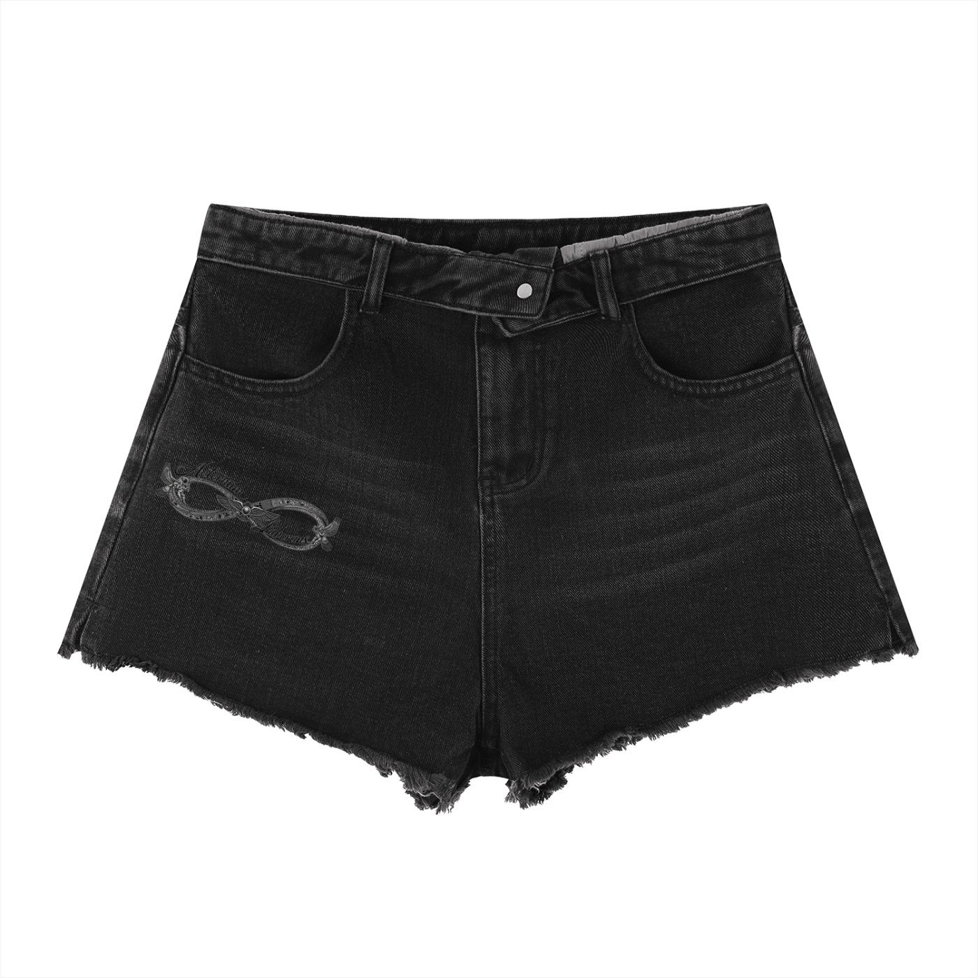 Black denim shorts with a decorative cutout on a white background