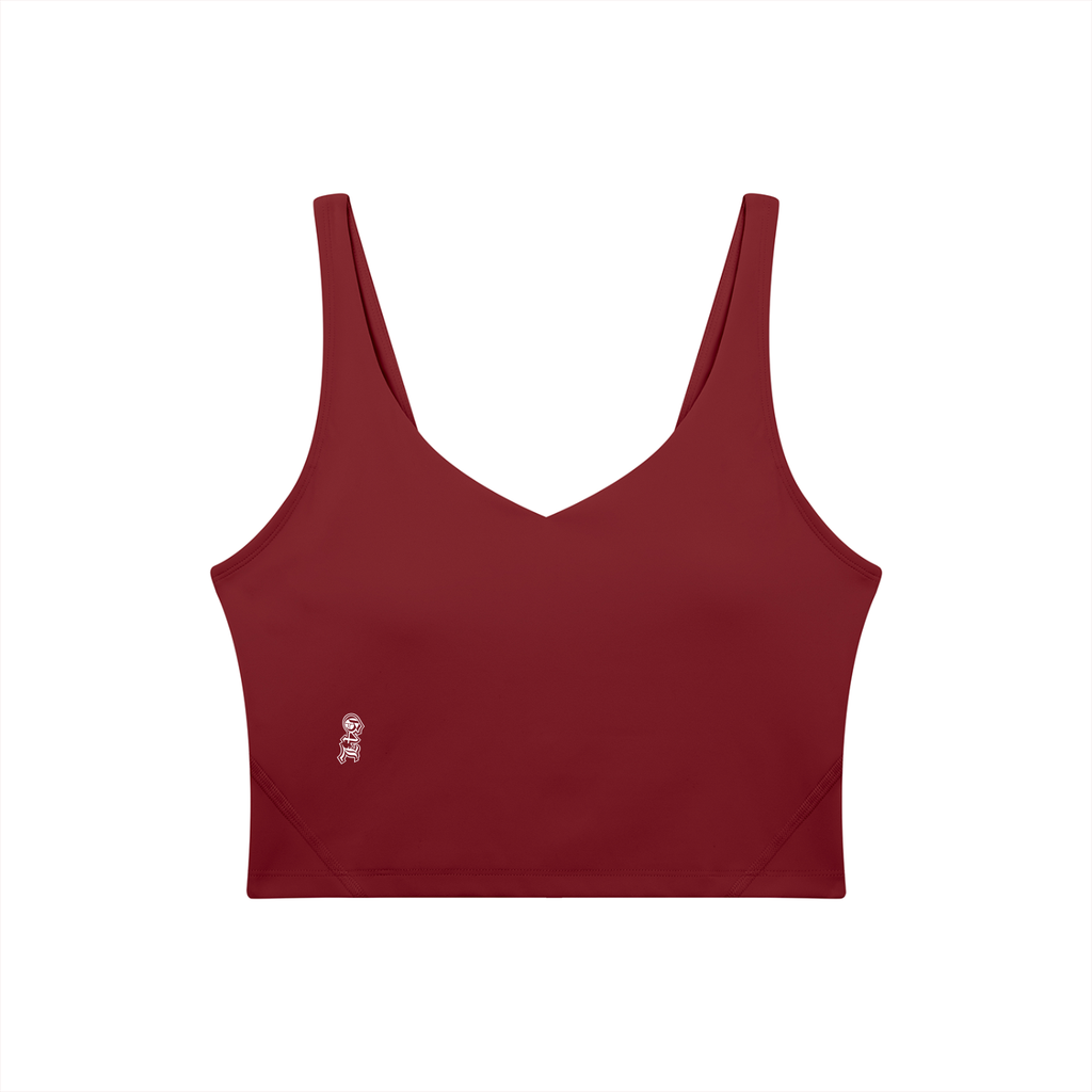 Red tank top with a brand logo on a white background
