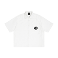 White short-sleeve shirt with a black logo on a white background