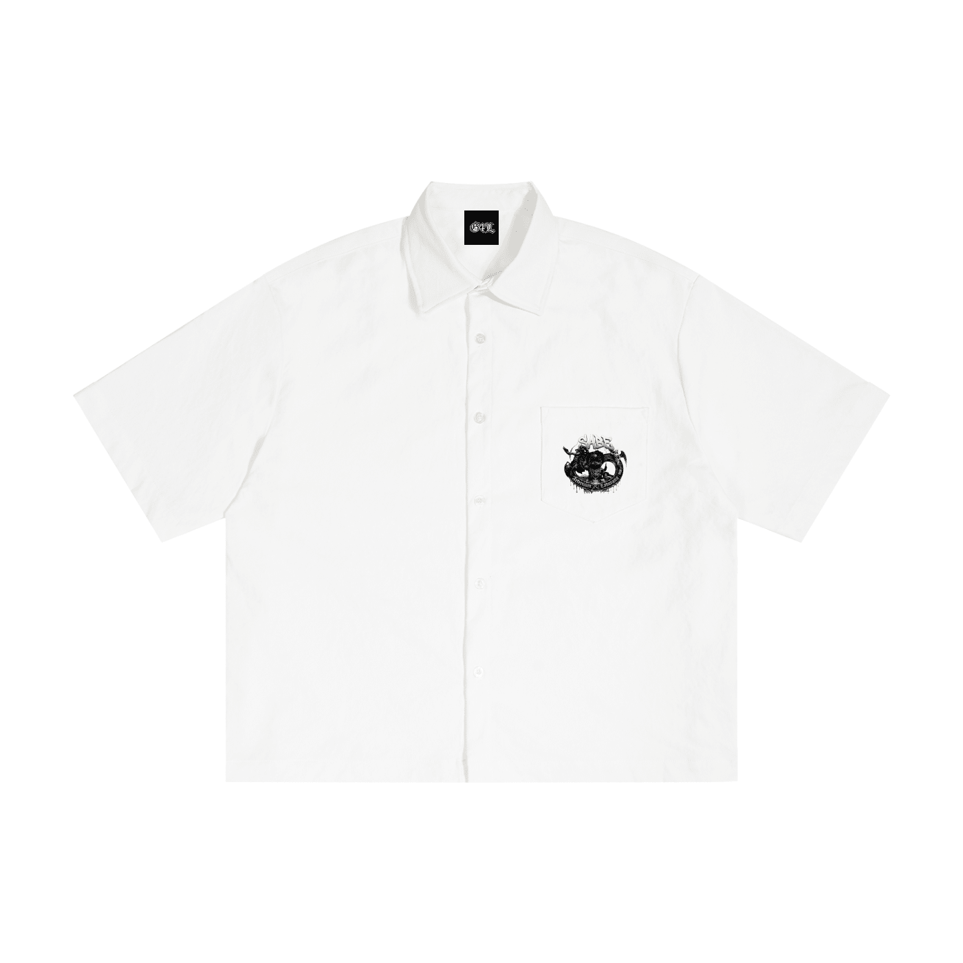 White short-sleeve shirt with a black logo on a white background
