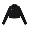 Black jacket with a small white logo on a white background