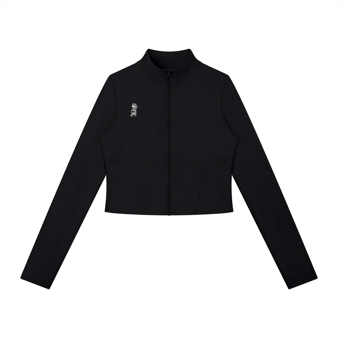 Black jacket with a small white logo on a white background